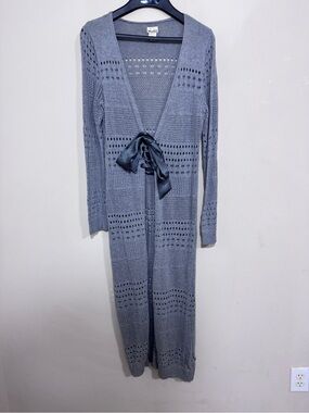 Y2K Mudd Open Knit Maxi Duster Cardigan Satin Tie Gray size L Boho Grunge Fall